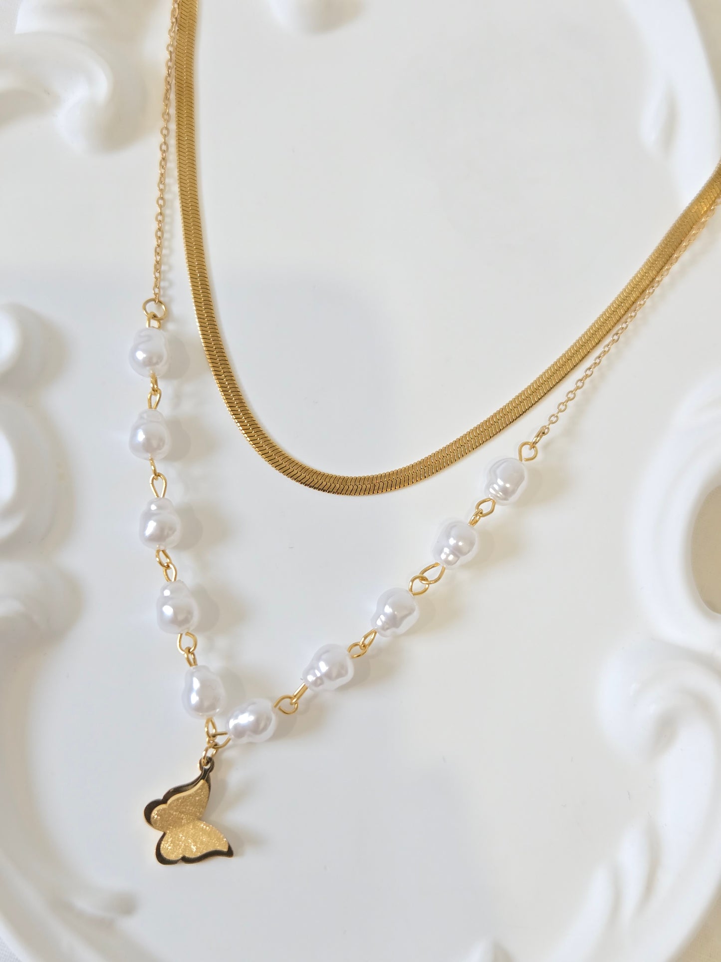 Butterfly Pearl Double Chain Necklace