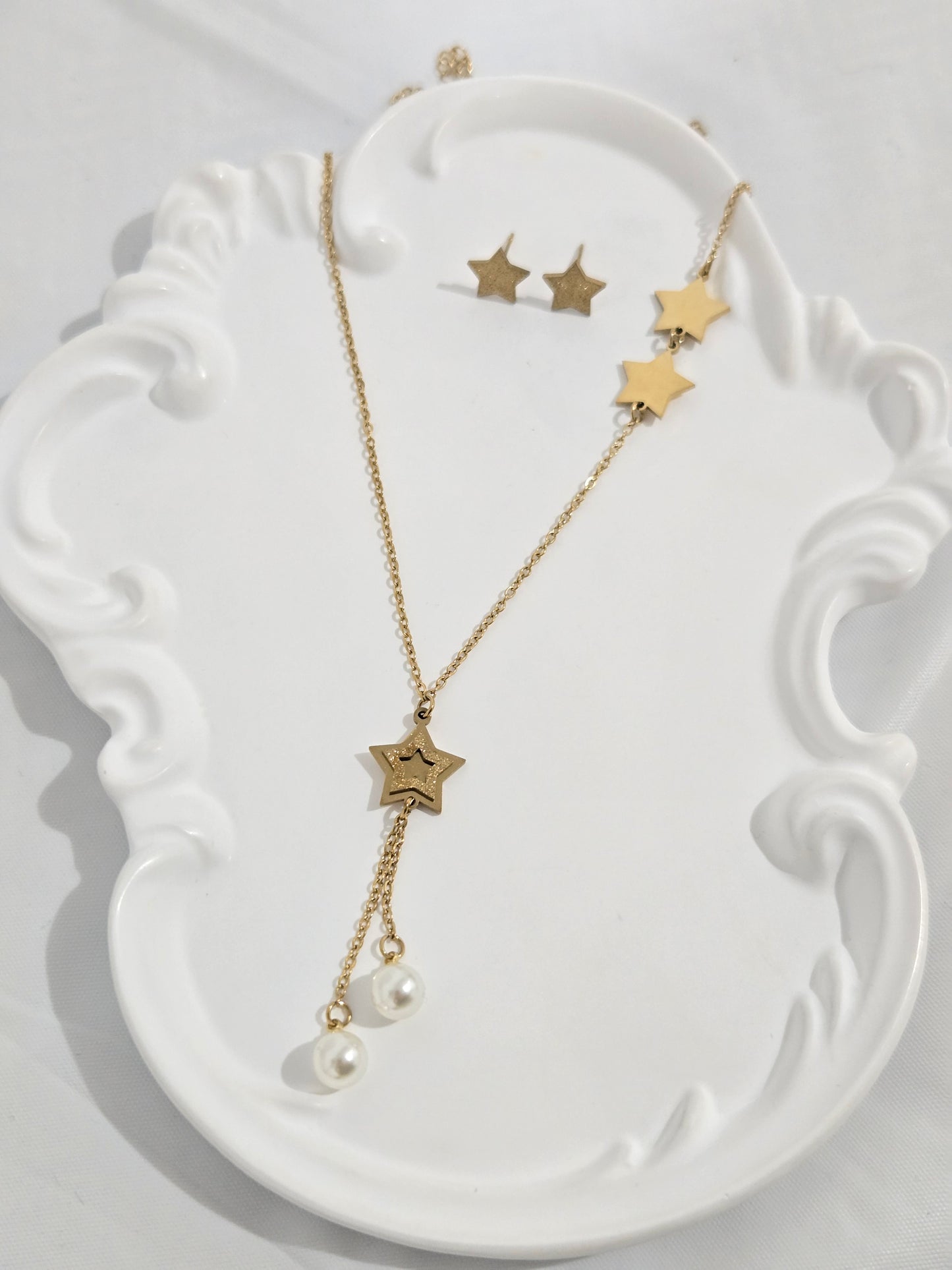 Drop Star Pearl Chain Necklace Studs Set