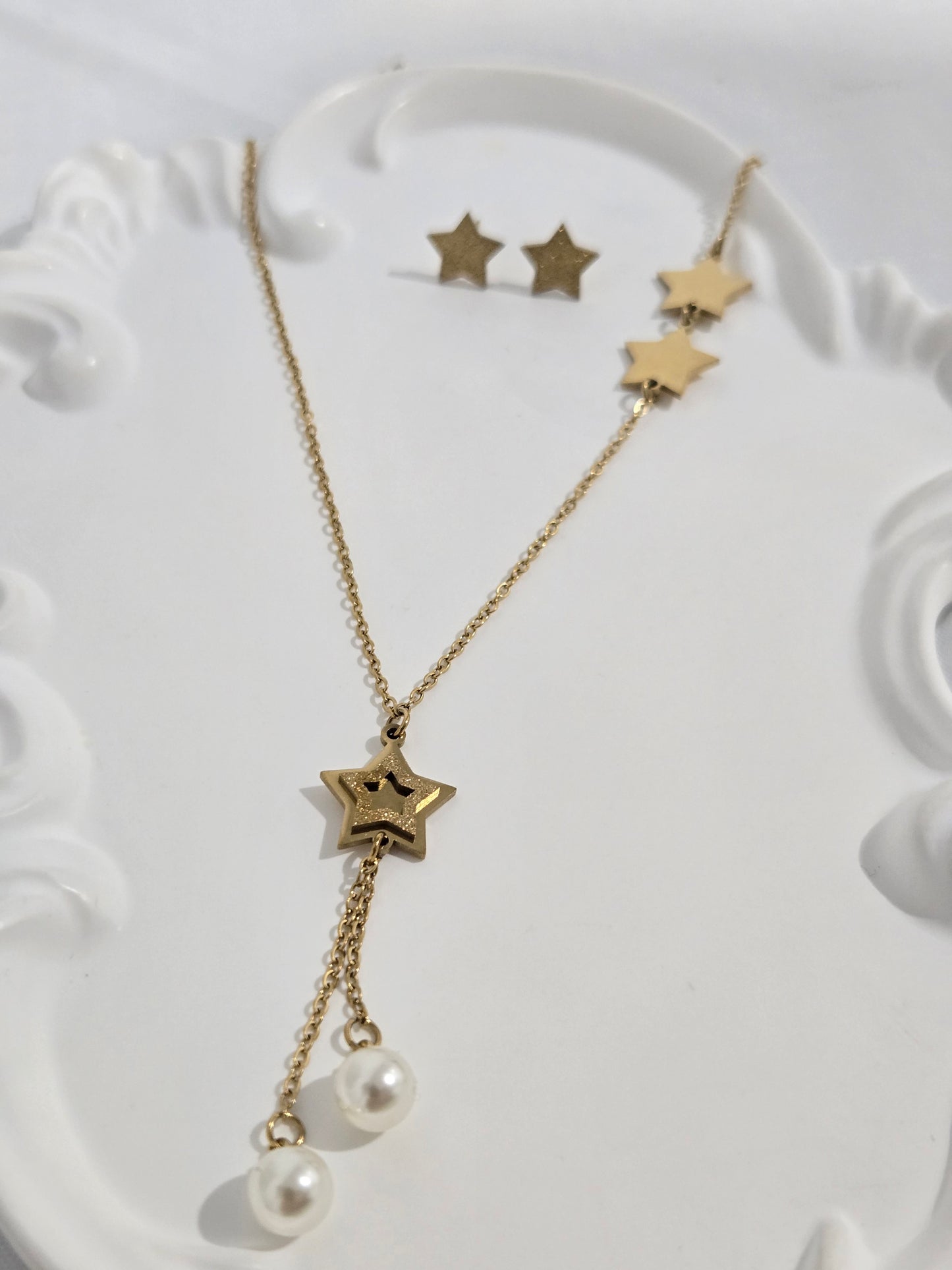 Drop Star Pearl Chain Necklace Studs Set