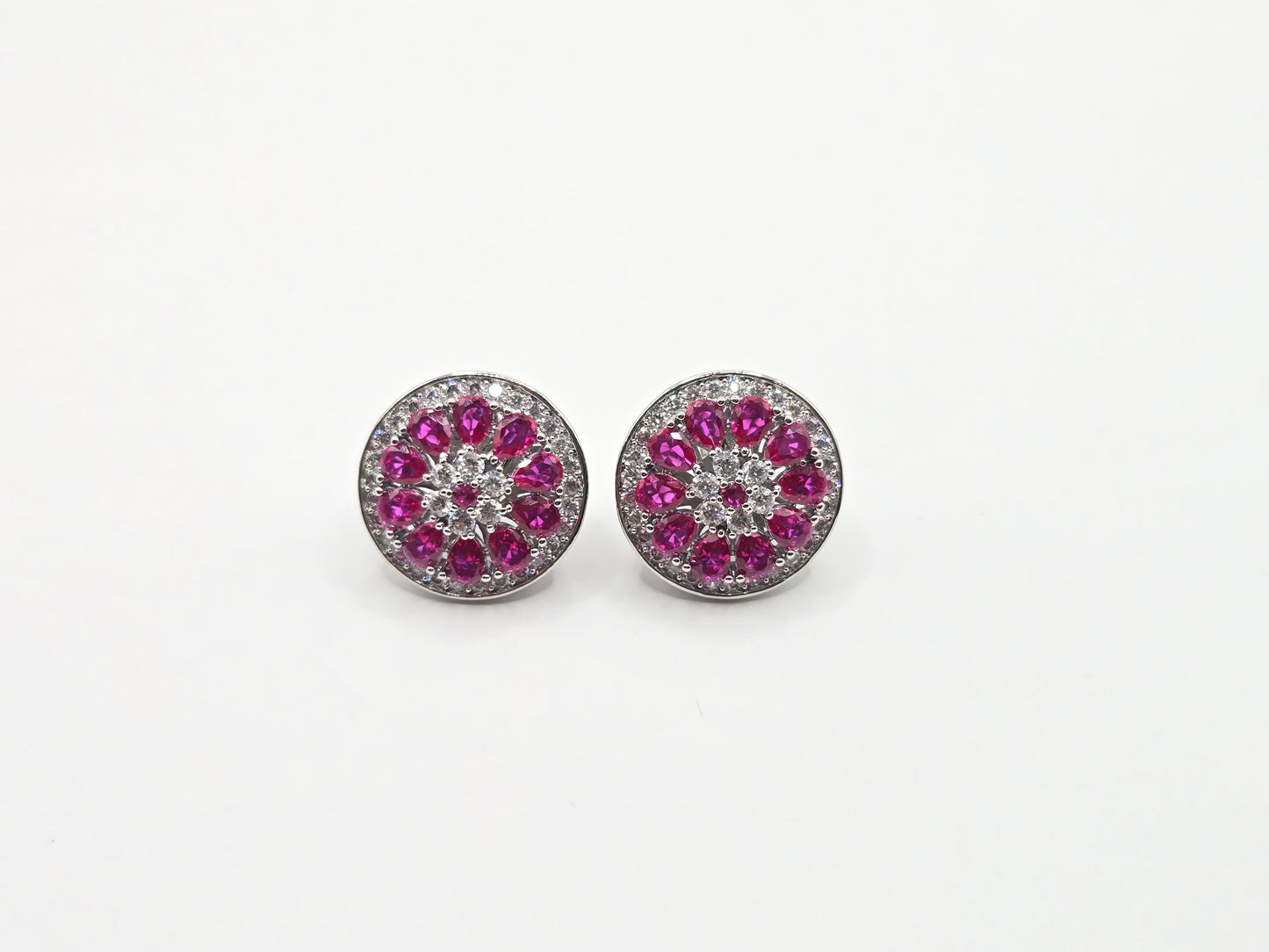 Radiant Ruby & Cubic Zirconia Floral Cluster Stud Earrings