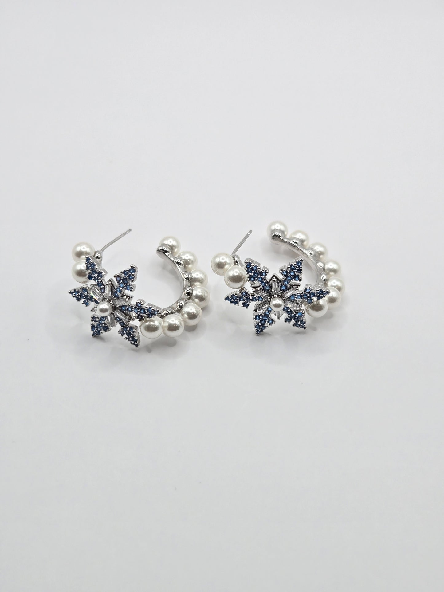 Blue Snowflake & Pearl Statement Hoop Earrings
