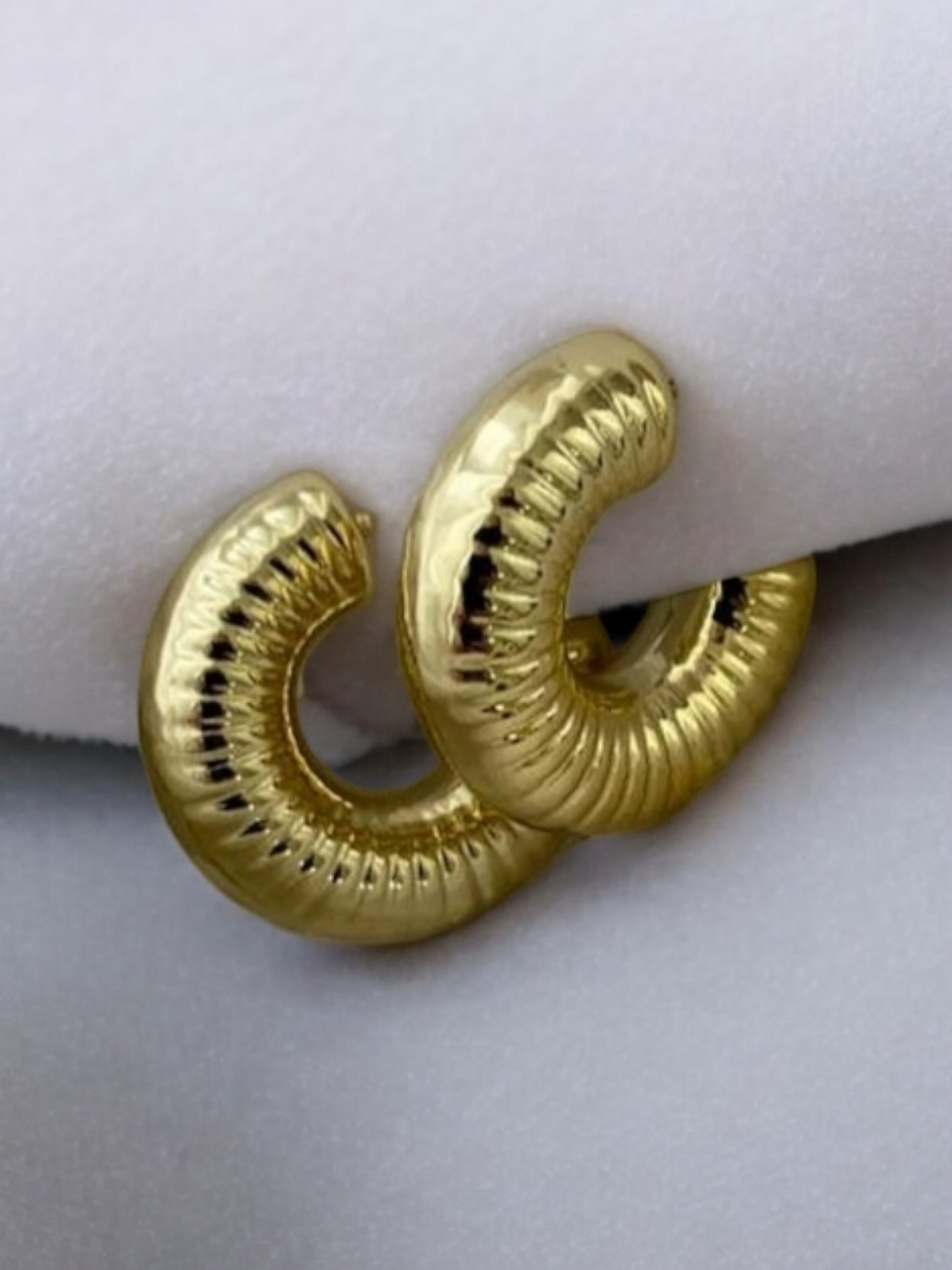 Round Thick Chunky Croissant Ribbed Hoop Gold Earrings
