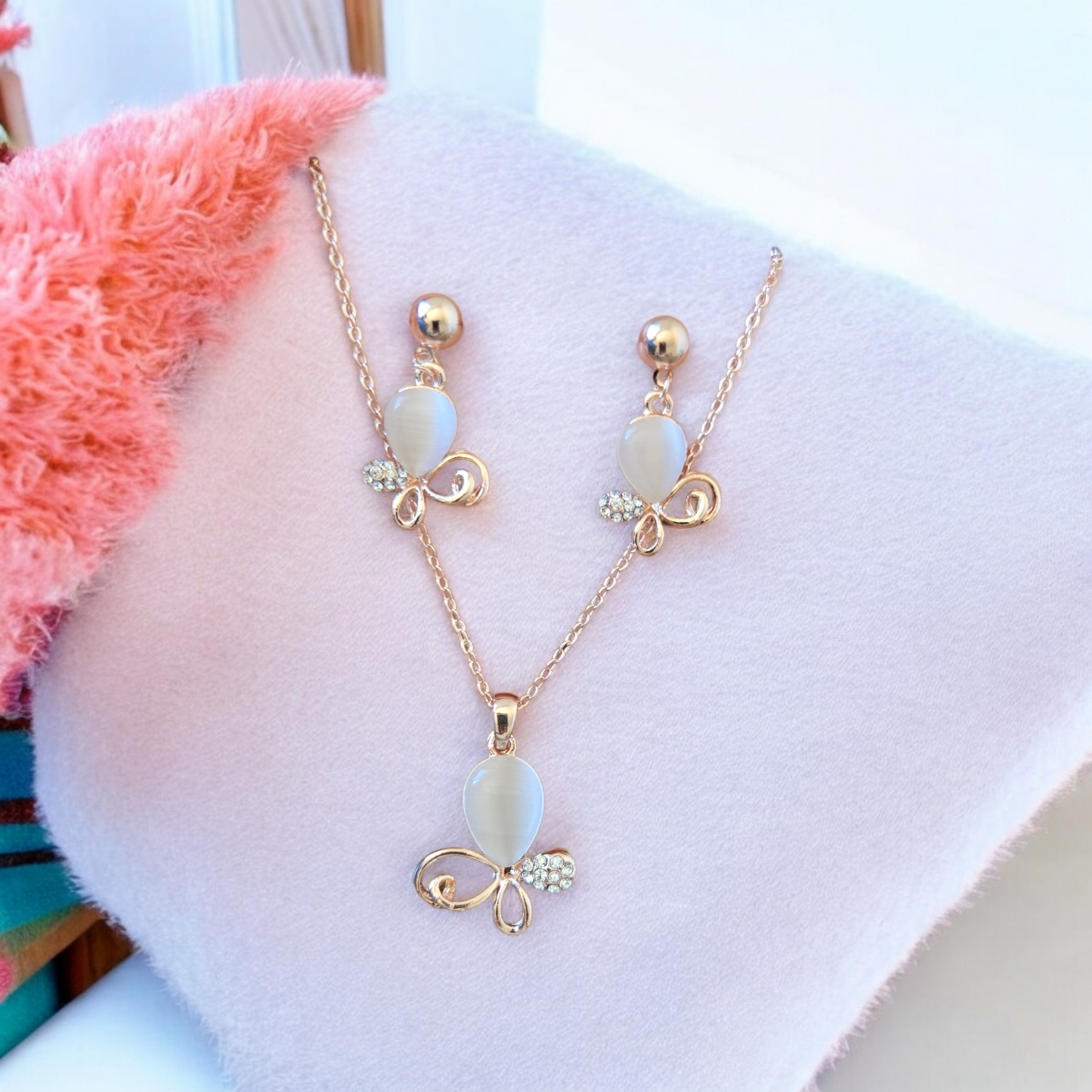 Rose gold stone necklace locket with earrings long chain pendant