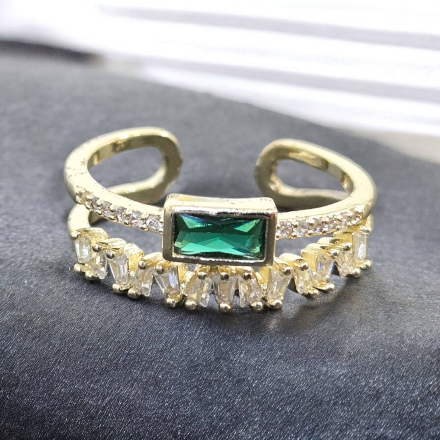 Silver Crystal Green Stone Gold Openable Double Layer Ring