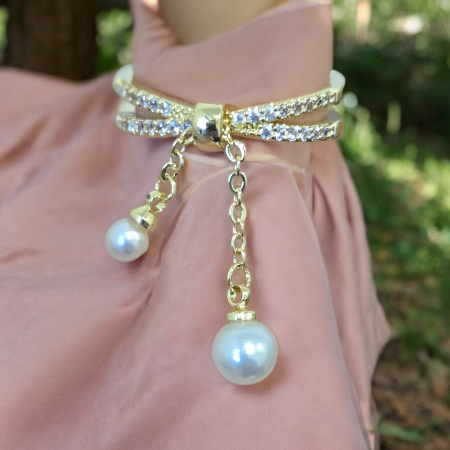 Double Layer Stones Chain Pearl Open Ring