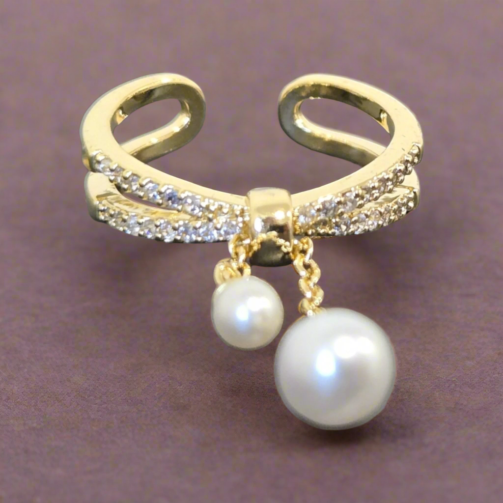 Double Layer Stones Chain Pearl Open Ring