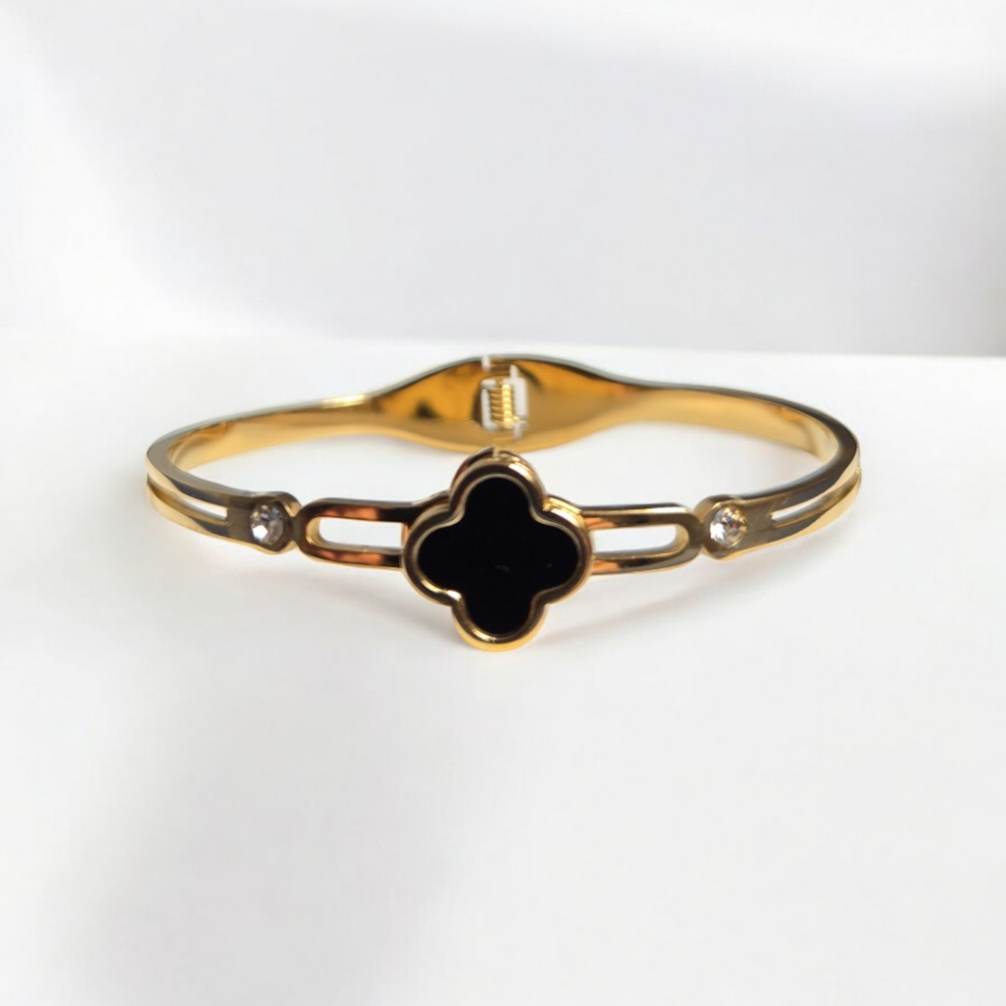Openable Clover Gold Black Bangle Bracelet
