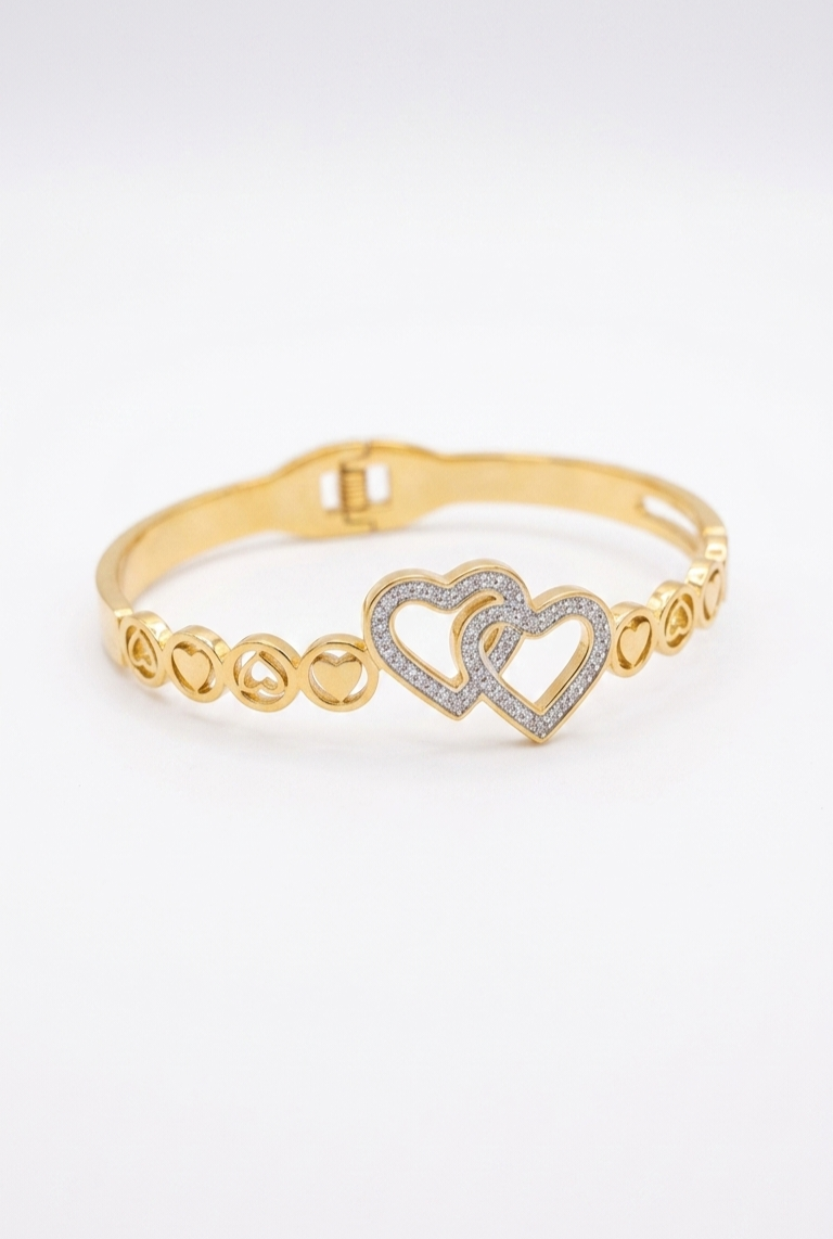 Interlocking Crystal Double Heart Bangle Bracelet