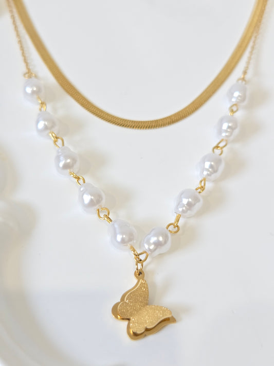 Butterfly Pearl Double Chain Necklace