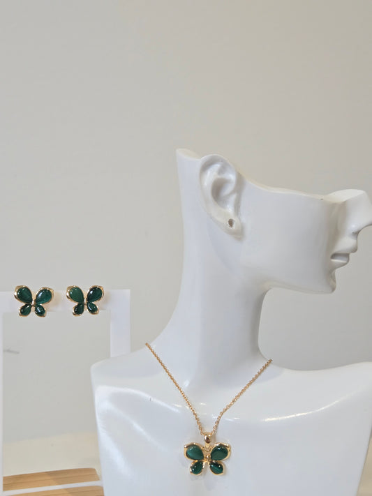Emerald Butterfly Necklace Earrings Set