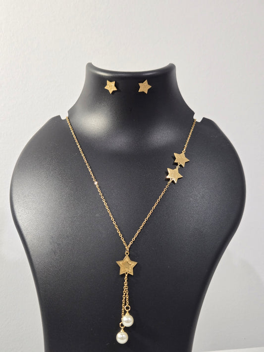 Drop Star Pearl Chain Necklace Studs Set