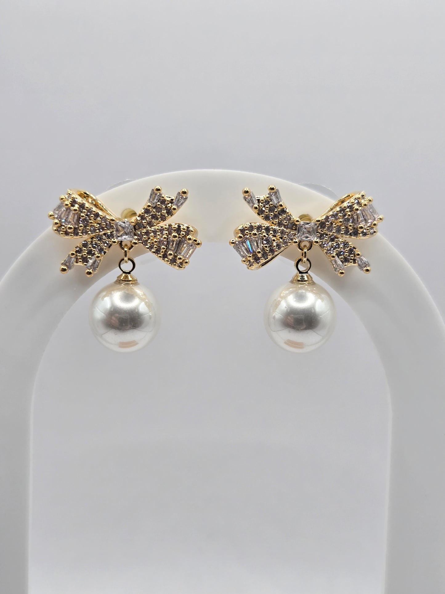 Crystal Bow & Pearl Dangle Earrings