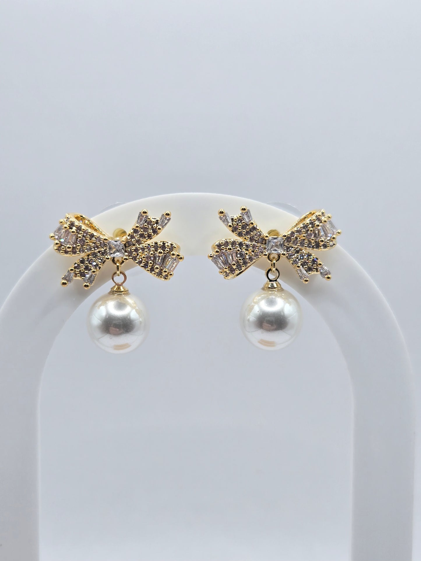 Crystal Bow & Pearl Dangle Earrings
