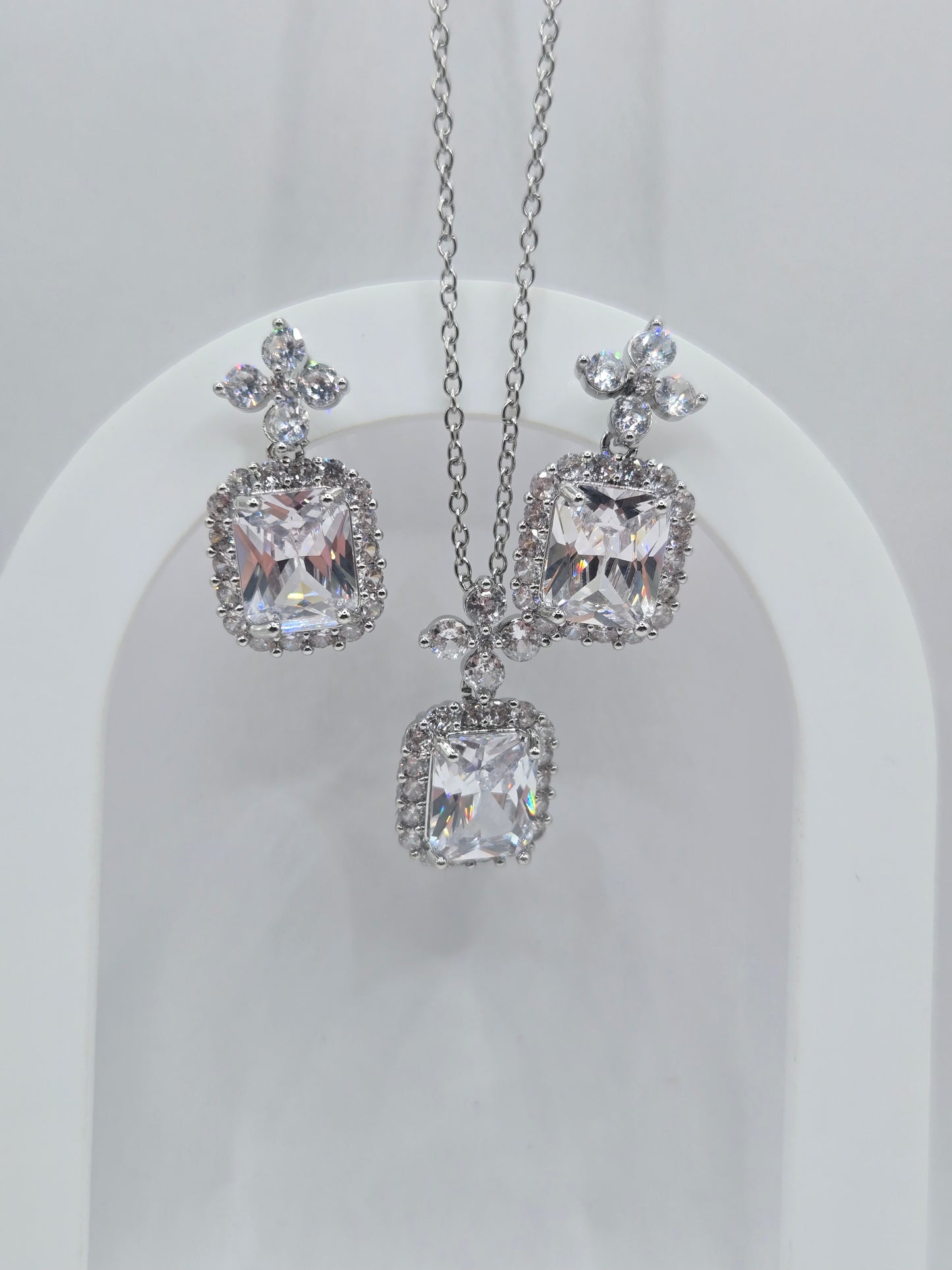 Radiant Cut Crystal Halo Pendant Set