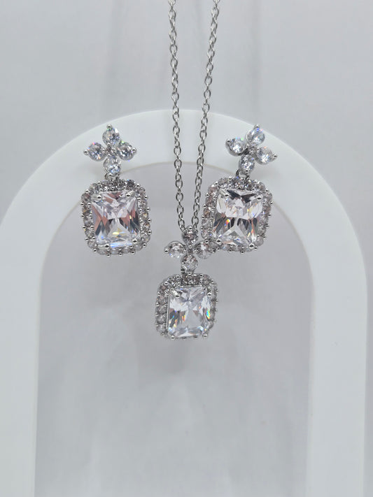 Radiant Cut Crystal Halo Pendant Set