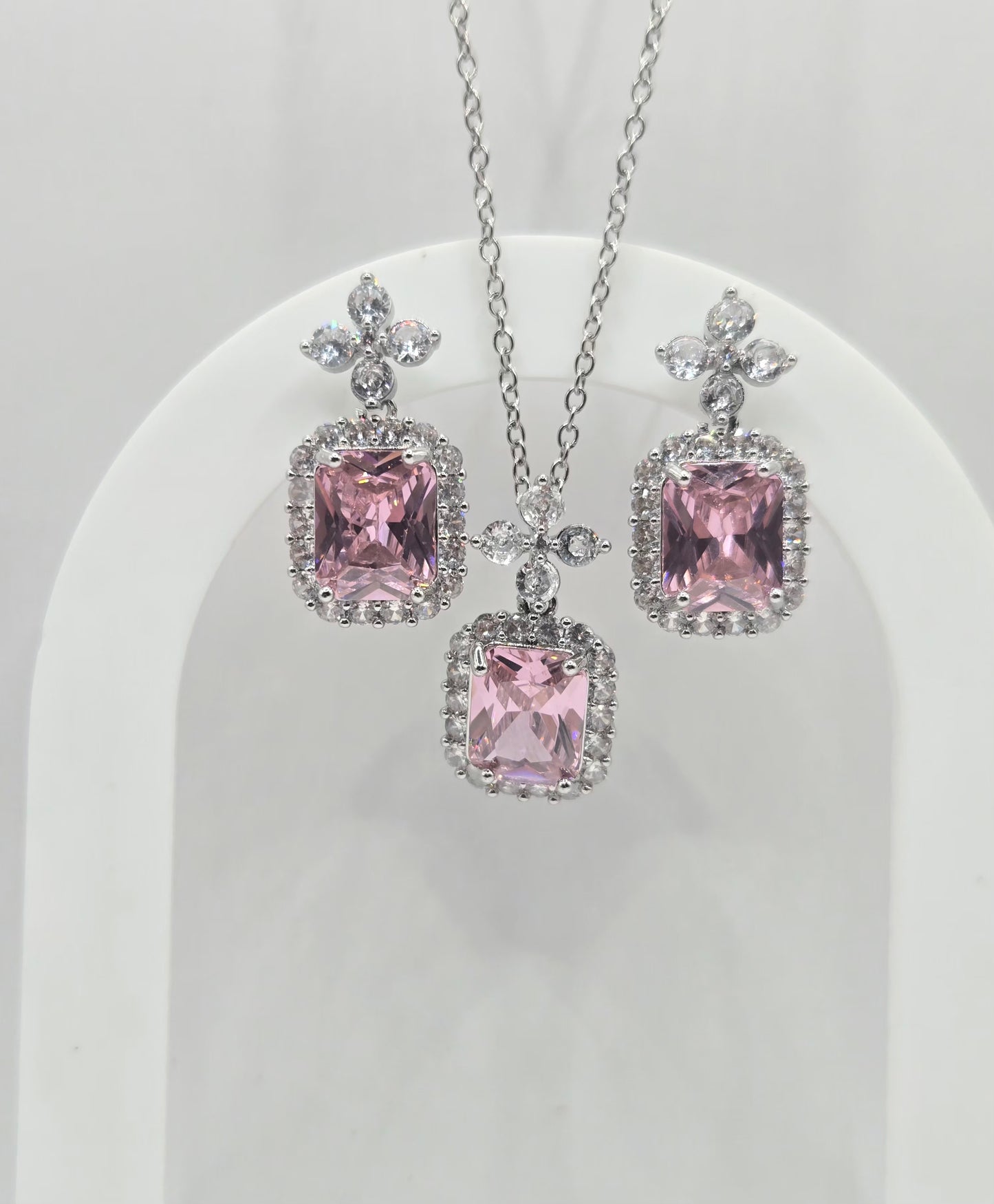 Radiant Cut Crystal Halo Pendant Set