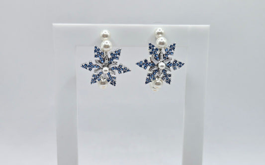 Blue Snowflake & Pearl Statement Hoop Earrings