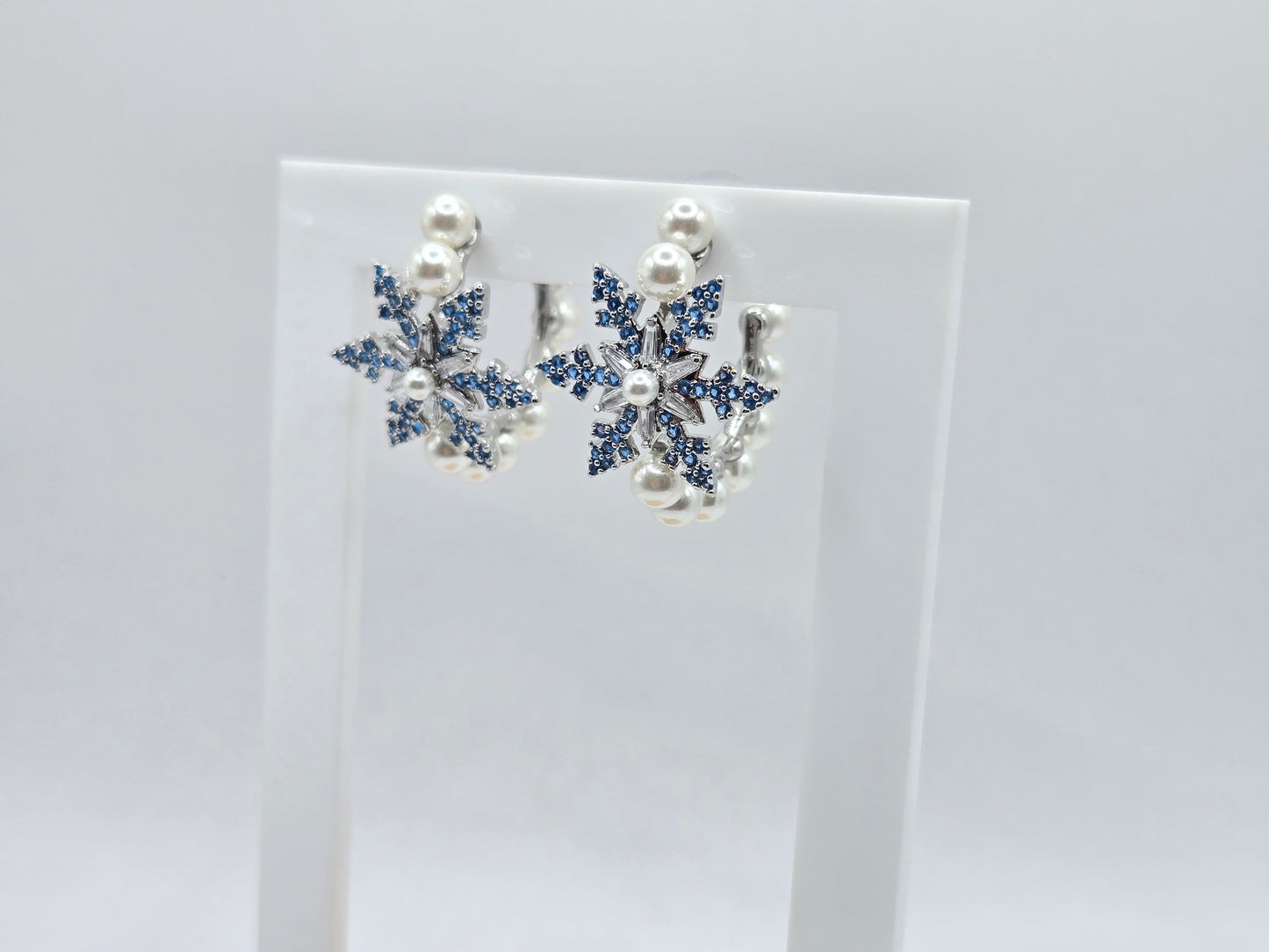Blue Snowflake & Pearl Statement Hoop Earrings
