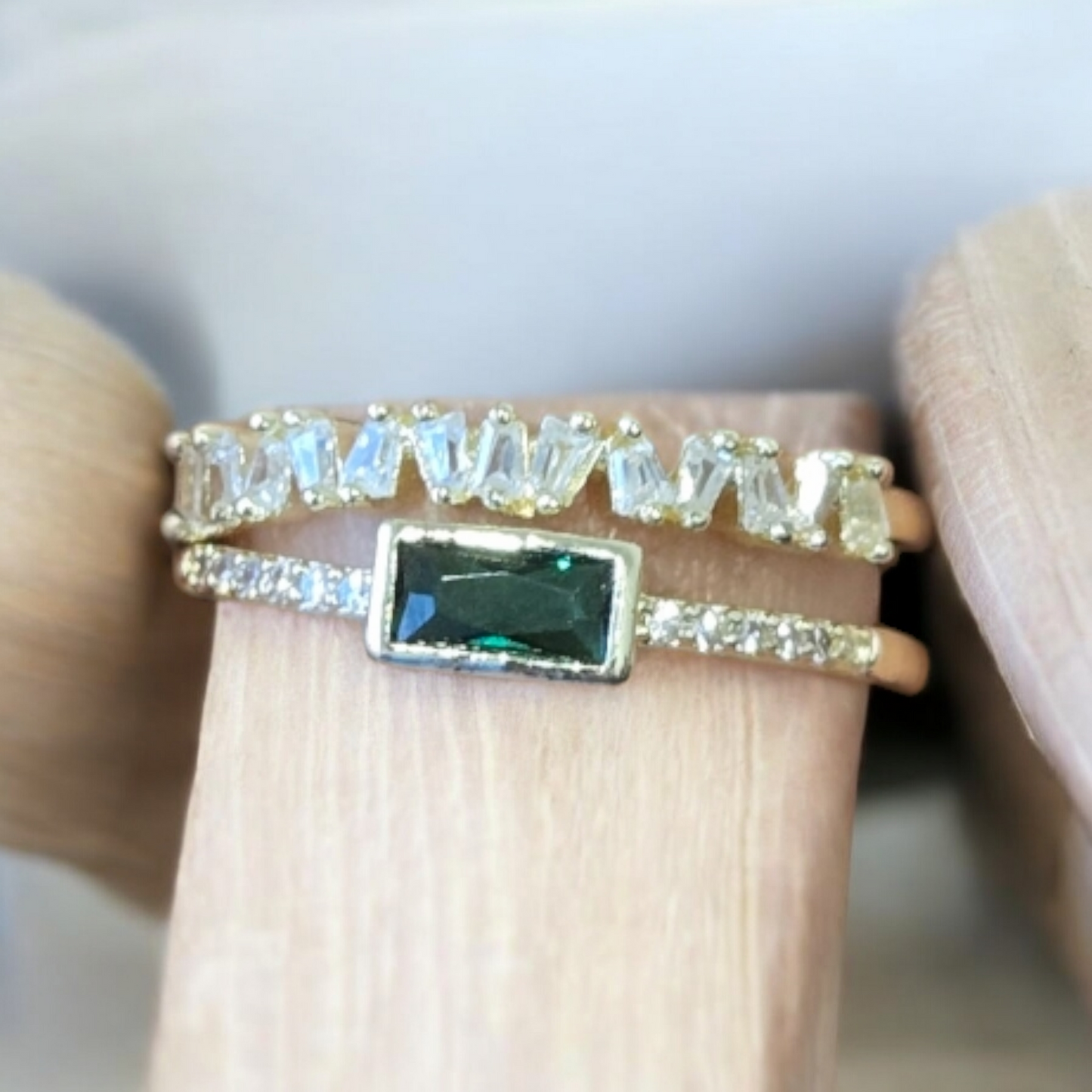 Silver Crystal Green Stone Gold Openable Double Layer Ring