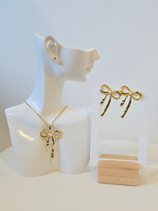Bow Necklace with Earrings Pendant Set